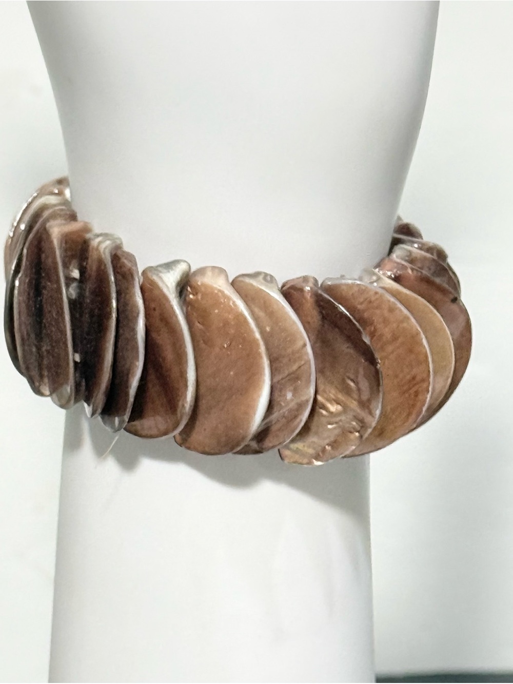 Vintage Chunky Natural Shell Half Flat Disc Stretch Bracelet - Brown Tones Shine